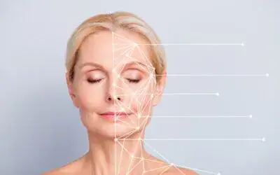 Gesicht mit Linien und Punkten für Anti-Aging-Behandlung.